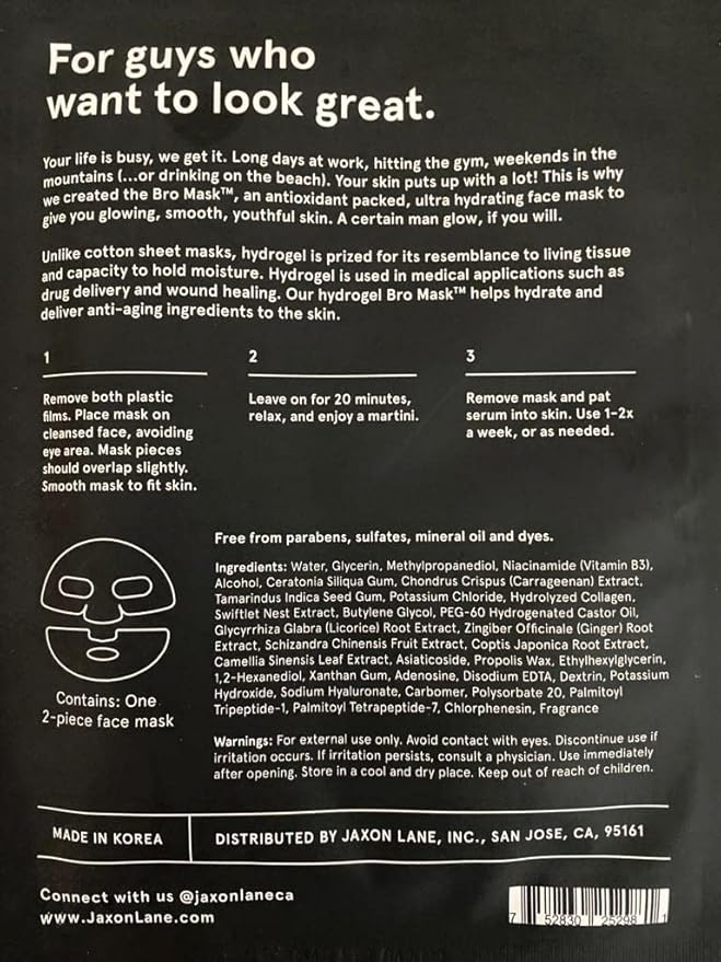 BRO MASK: Korean Face Mask for Men | 2 Pc. Hydrating Anti Aging Sheet Masks Contains Vitamin C, Vitamin E, Hyaluronic Acid, Hydrolyzed Collagen for Face Care & Acne Treatment (4 Pack)