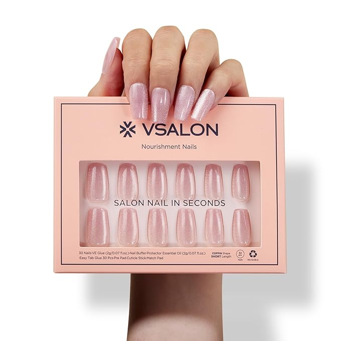 VSALON Short Coffin Press-On Nails - Pink Cat Eye Glue on Nails, Reusable Fake Nails with Nail Glue, Protector Cuticle Oil, Adhesive Tabs & Mini Nail File - 32 PCS in 16 Sizes (Pink Fantasy)
