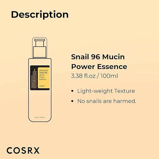 COSRX Snail Mucin 96% Power Repairing Essence 3.38 fl.oz, Hydrating Serum for Face with Snail Secretion Filtrate, Mother day gifts for mom, Korean Skin Care