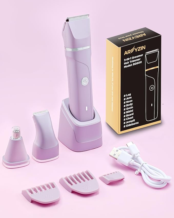 Bikini Trimmer for Women Painless Electric Razor for Women,3 in 1 Pubic Hair Trimmer for Women,USB Recharge Dock,Replaceable Ceramic Blade Heads,IPX7,Personal Shaver Kits,Purple