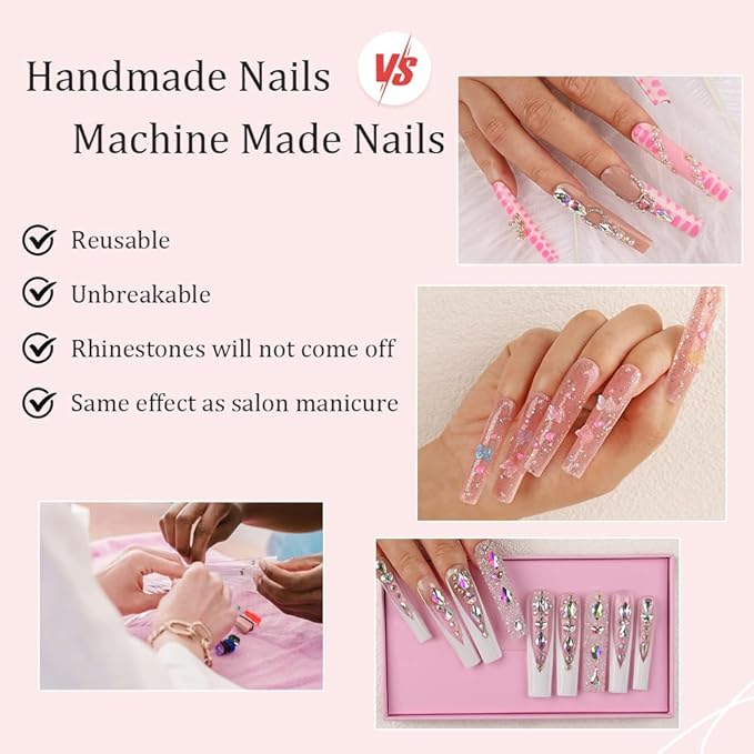 Handmade Press on Nails Pink Party, Extra Long Acrylic Nail Tips Colorful Crystal Luxury Diamond, Long Square Nails False Nails, Gifts for Women, Reusable Stick On Nails 10Pcs, Size S