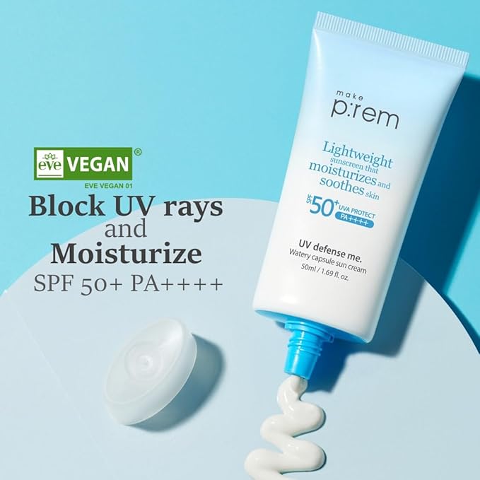 UV Defense me. Watery Capsule Sunscreen SPF50+ PA++++ VEGAN, Reef Safe, Korean Light Weight Moisturizing and Soothing Sunscreen, UVA/UVB Protection, 50ml, 1.69 fl.oz.