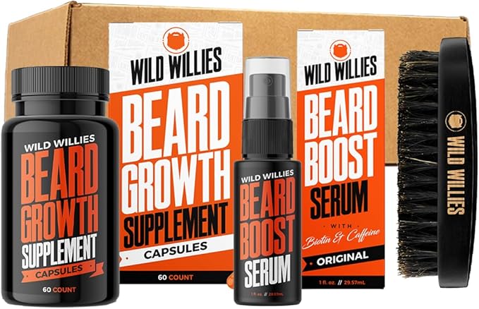 Wild Willies All-in-One Beard Growth Kit - Includes Beard Boost Serum Oil & Growth Supplement, & Boar Bristle Brush - Perfect Beard Care for Men - Achieve Thicker, Fuller, Healthier Beard