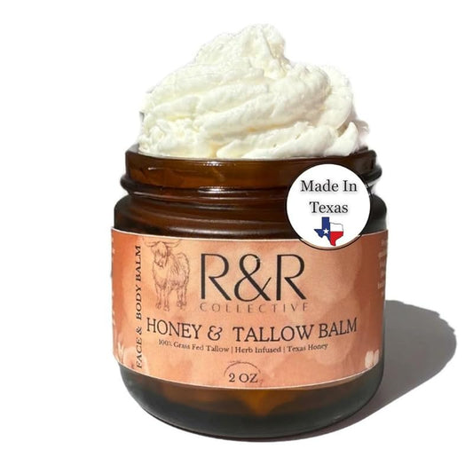 Handmade Honey & Tallow Balm- 100% Grass Fed Beef Tallow for Skin Care- 100% Natural Whipped Tallow Balm- Sensitive & Dry Skin, Eczema, Psoriasis- 2 FL. oz