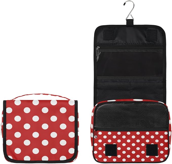 Hanging Travel Toiletry Bag for Women, Polka Dot Print Travel Makeup Bag Red White Polka Dot Portable Cosmetic Bag Travel Organizer for Toiletries Accessories