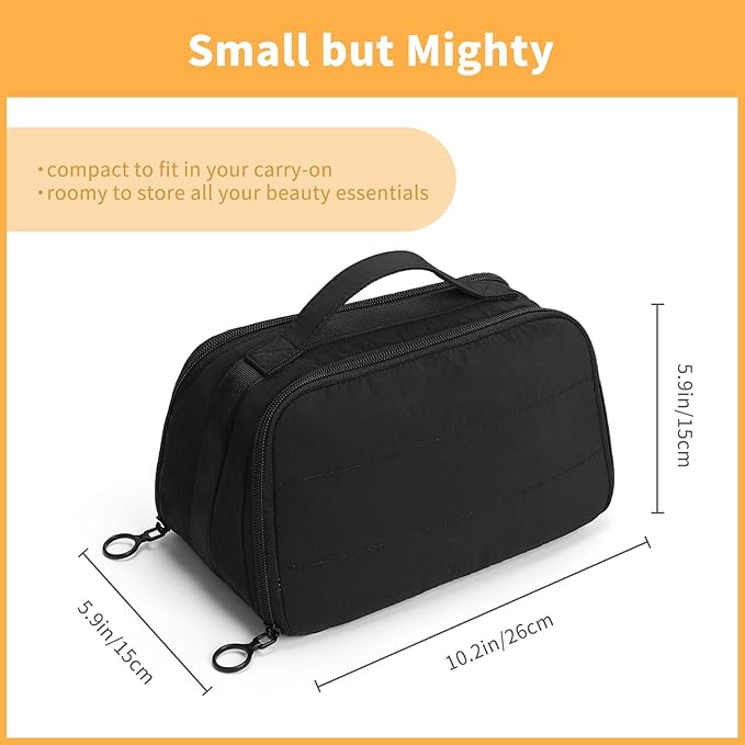 OCHEAL Travel Makeup Bag - Wide Open Cosmetic Bag for Women Make up with Two Compartments, Portable Lightweight Roomy Organizer Toiletry Bag for Girls Skincare tools Accessories-Black