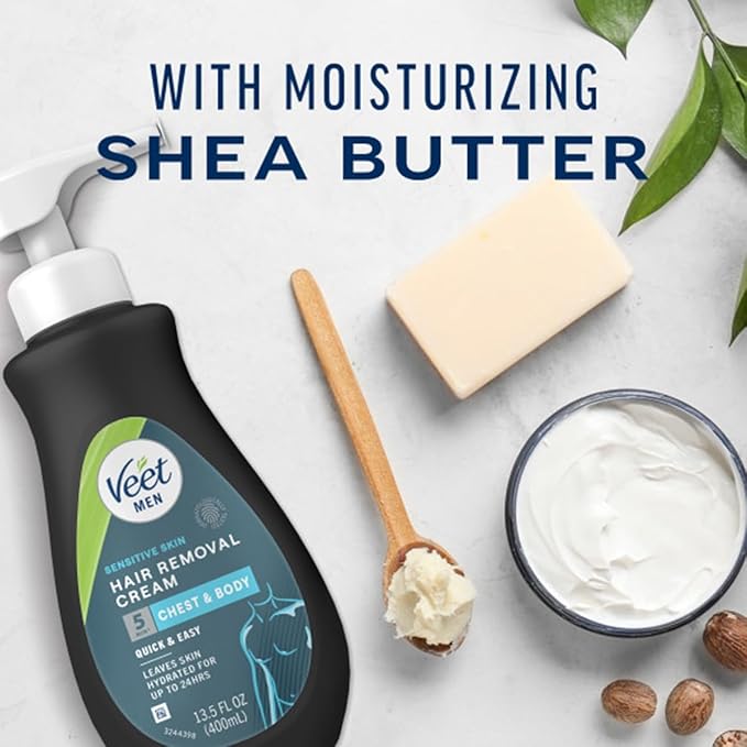 Veet Sensitive Skin Dermatologically Tested 13.5 Fl Oz. 5 Min Men's Hair Removal Gel Cream with Spatula For Body, Chest & Back (2 Pack)