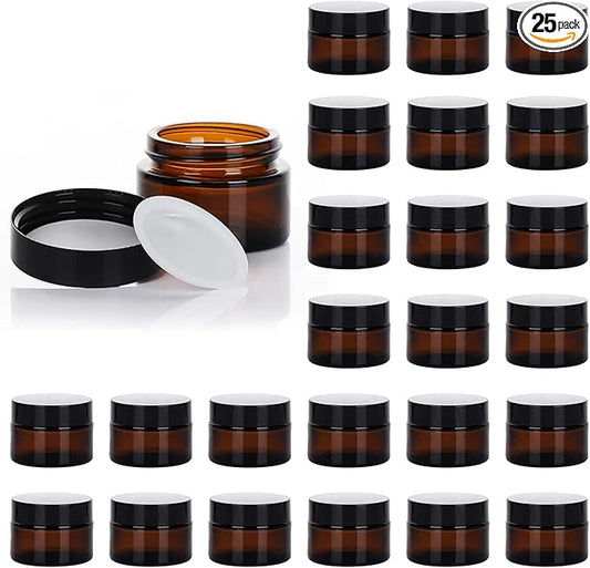 1oz Glass Jar with Lid, Hoa Kinh 25Pack Amber Round Containers Cosmetic Glass Jars with Inner Liners and Black Lids Travel Jars for Storing Lip and Body Scrub, Lotion, Body Butter, Bath Salts, Liquid
