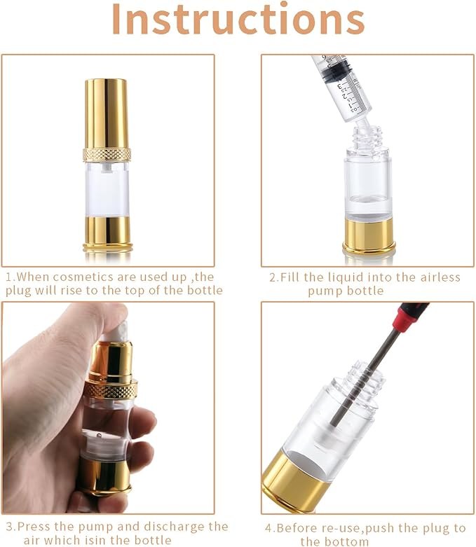 golden airless pump bottle with travel bag set with labels empty refillable cosmetic pump travel size containers hair oil, lotion and other liquids 5ml 10ml 15g(12 Packs)