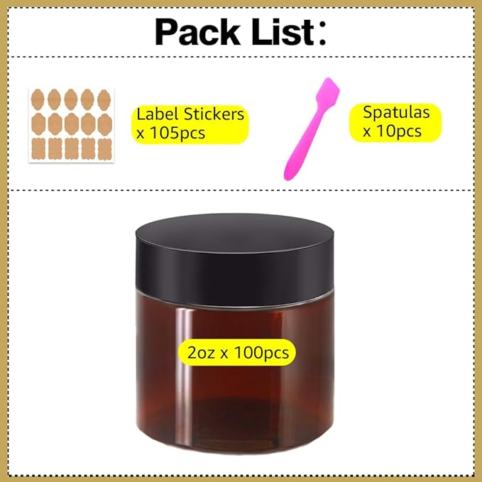 2 oz Plastic Containers with Lids 100pcs Amber Plastic Jars with Lids + 3/5/10 Gram 24pcs Sample Containers Travel Jar– Great for Lip Scrub, Body Butters, Cream, Lotion, Labels & Spatulas