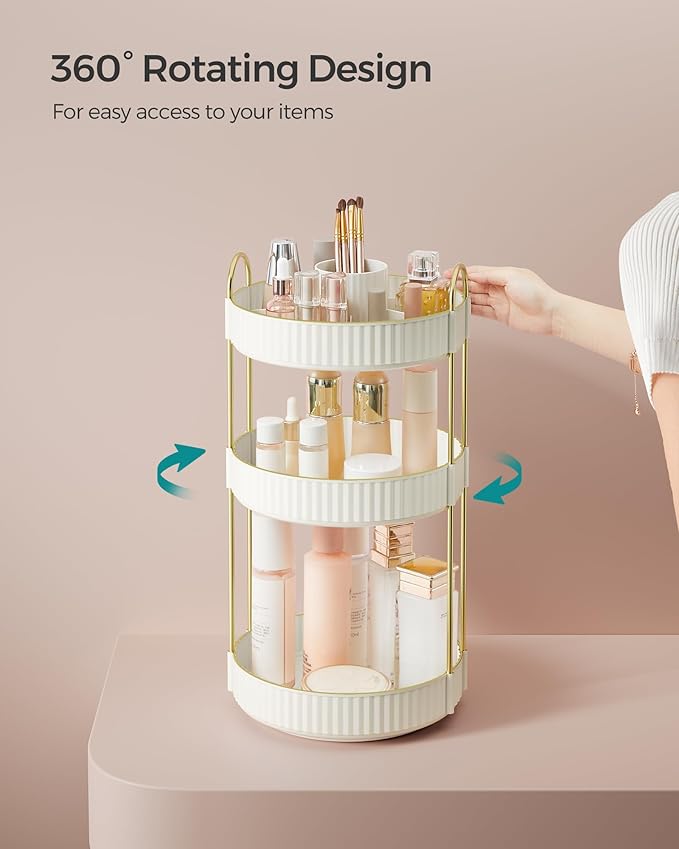 SONGMICS Makeup Organizer, 3-Tier Round Rotating Skincare Organizer Countertop, Customizable, Toiletries Vanity Organizer, Lazy Susan, Gift for Mom, Cloud White UJKA011W01