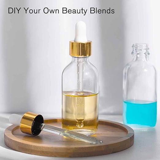 24 Pack 2 Oz Glass Eye Dropper Bottles Clear, 60 ml Empty Tincture Bottle with Droppers, 1 Extra Cap, 2 Plastic Funnels, 2 Pipettes & 48 Stickers for DIY Essential Oils, Body Oil, Beauty Oil