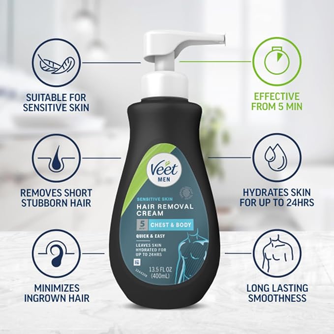 Veet Sensitive Skin Dermatologically Tested 13.5 Fl Oz. 5 Min Men's Hair Removal Gel Cream with Spatula For Body, Chest & Back (2 Pack)