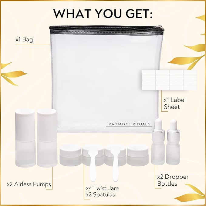 11 Piece Travel Skincare Containers Set - TSA Approved Toiletry Bag & Travel Size Toiletries - Airless & Dropper Bottles for Serums, Moisturizers, & Oils