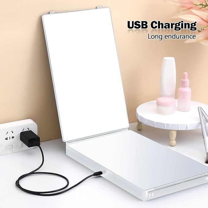 JANMPASK LED 3 Way Mirror for Self Cutting Mirror Vanity Barber Supplies Accessories 360 Makeup Mirror with Light Trifold to See Back of Head(White)