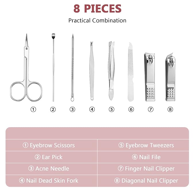 Lasnten 24 Set Manicure Set Bulk Nail Clippers Grooming Nail Kit Stainless Steel Professional Pedicure Kit Pedicure Tools with Travel Case Gifts for Men Women Personal(8 in 1,Red, Silver)