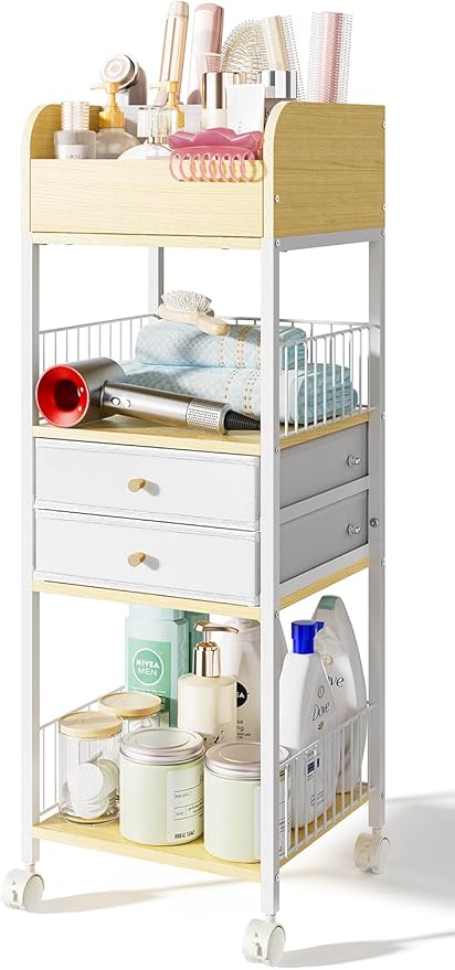 Makeup Organizer Cart with 2 Drawers, Rolling Bathroom Organizers and Storage- Versatile Skincare Perfume Storage Vanity Organizer, Natural Wood and White Iron