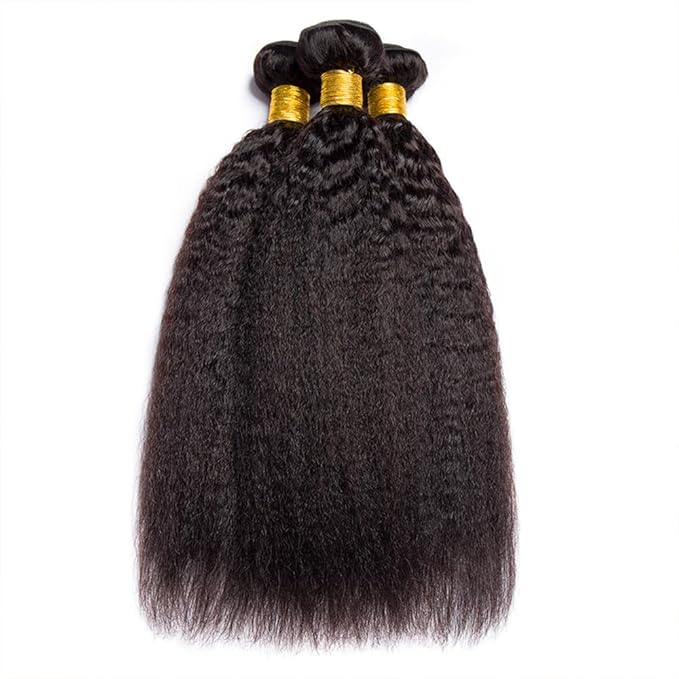 #1B Yaki Human Hair Bundles Natural Color Kinky Straight Bundles Brazilian Human Hair Extensions Soft and Silky for Women Kinky Straight 20 22 24 Inch