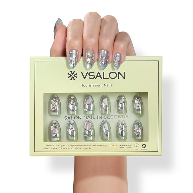 VSALON Short Almond Press-On Nails - Silver Cat Eye Chrome 3D Design, Reusable Fake Nails with Nail Glue, Protector Cuticle Oil, Adhesive Tabs & Mini Nail File - 32 PCS in 16 Sizes (Seagull Dance)