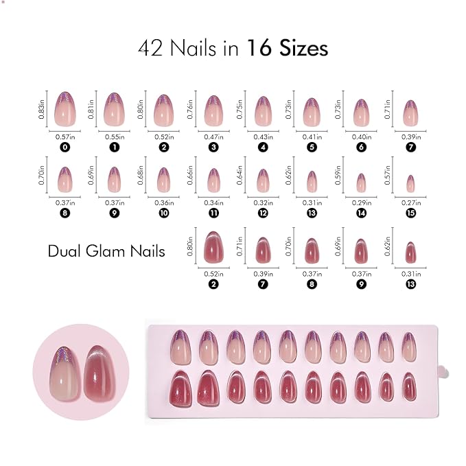 VSALON Short Almond Press-On Nails, 42 Count (Pack of 1), French Tip & Cat Eye, Cream Finish, Plastic, 16 Sizes & 10 Alternative Nails, UV Glue, Easy Tabs, Remover (Rose Sweetheart)