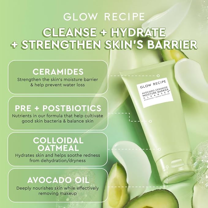 Glow Recipe Avocado Ceramide Facial Cleanser for Dry Skin - Hydrating Gel to Foaming Face Wash for Women & Men - Gentle Moisture Barrier Repair with Hyaluronic Acid & Colloidal Oatmeal, 150ml