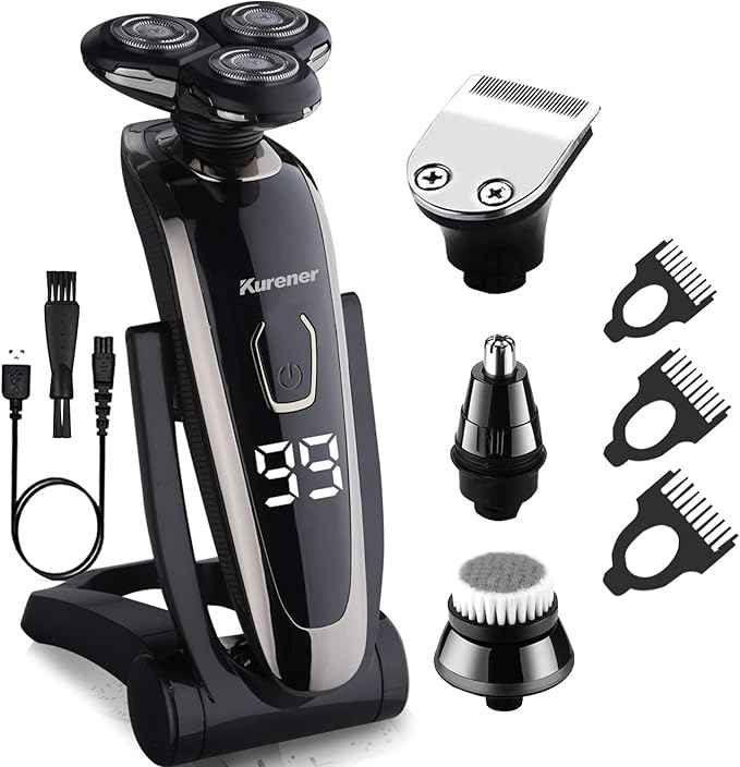 Electric Razor for Men Shaver Rechargeable Waterproof Rotary for Shaving with Nose Trimmer Sideburns Trimmer Face Cleaning Brush