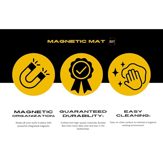 BUMBLE BEE Barber Equipment, Magnetic Barber Mat Non-Slip Heat Resistant Surface - Barber Mats for Clippers, Quick Access, Easy Cleaning - Barber Station Mat and Barber Organizer Station. (Large)