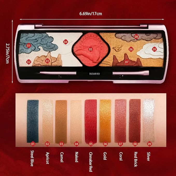 Xaena Carved Flower Pattern Eyeshadow Palette Colorful Eye Makeup in 9 Shades of Eyeshadow and Blush with Eyeshadow Brush and Makeup Mirror - Embossed Makeup Palette for Creative Looks