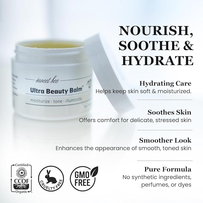 Sweet Bee Naturals Ultra Beauty Balm - Certified Organic Non-Petroleum Jelly Moisturizer Cream with Honey & Beeswax - Illuminate Skin for Face & Neck - Natural Balm for Dry & Sensitive Skin - 2 oz