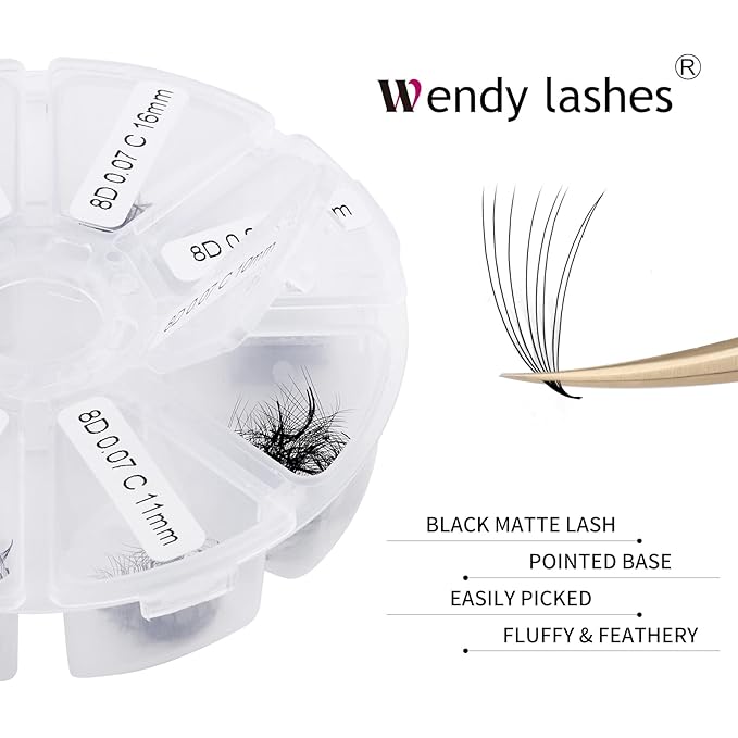 Volume Lash Extensions 8D Premade Fans Eyelash Extensions 500 PCS 0.07mm 9-16mm Mixed C/D Curl Short Stem Premade Volume Eyelash Extensions Pointed Base Fans (500PCS-8D-0.07-D, 9-16mm Mixed Tray)