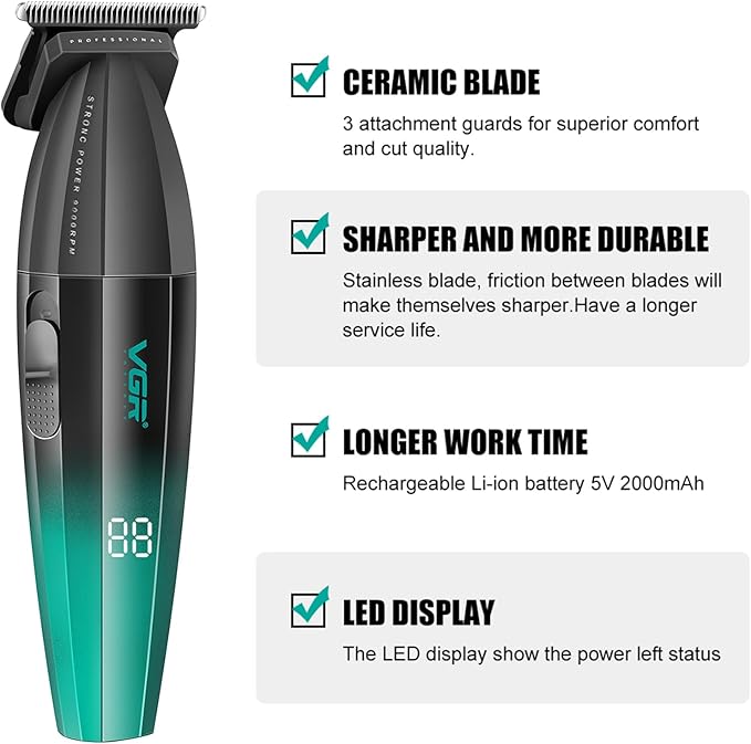 VGR 906 Fresh Fade Professional Hair Trimmer, 9000rpm Zero Gapped Beard Trimmer for Men, DLC T-Blade Cordless Hair Clipper for Barbers and USB Rechargeable, Green