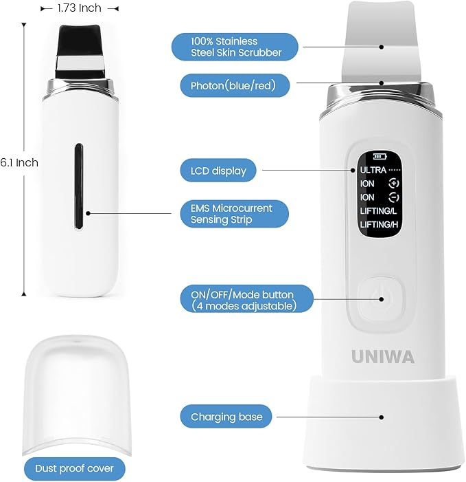 UNIWA Skin Scrubber Face Spatula, Skin Scrubber Pore Cleaner Blackhead Remover Tool for Deep Facial Cleansing - 4 Modes, Face Spatula with USB Charger, LCD Display, IPX7 Waterproof - White