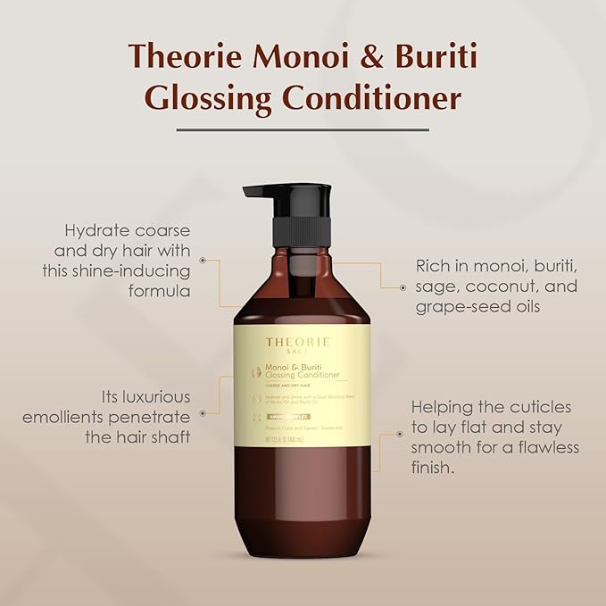 Theorie Monoi and Buriti Glossing Conditioner - Hydrate & Shine - Suited for Coarse and Dry Hair - Protects Color & Keratin Treated Hair, Pump Bottle 400mL