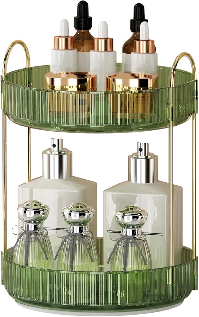360° Rotating Makeup Organizer for Vanity - 2 Tier Perfume Organizer with Large Capacity - Skincare Organizer for Bathroom Counter - Space-Saving Cosmetic Storage for Dresser Countertop (Green)