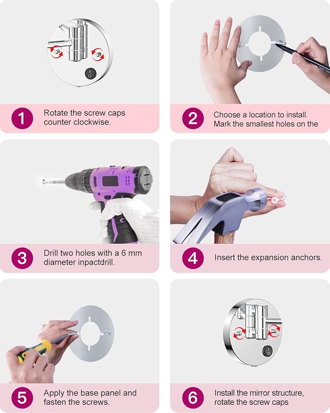 Benbilry 9" Large Wall Mounted Lighted Makeup Mirror, 1X/10X Magnifying Double-Sided AC Powered Bathroom Mirror with 3 Color Lights, Touch Dimmable, Extended Arm 360 Rotation