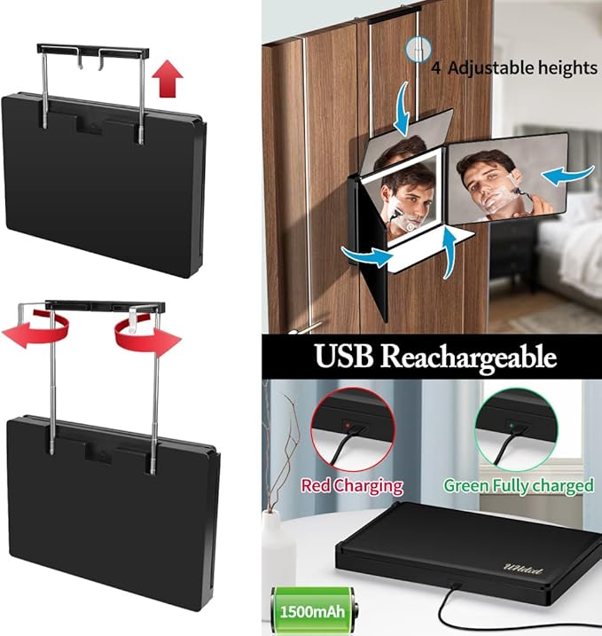 UHdod 5 Way Mirror for Hair Cutting with LED Light, 360° Barber Mirrors with Adjustable Height Brackets, Makeup Mirror for Self Cut, Shaving, Grooming, Good Gifts for Men Women