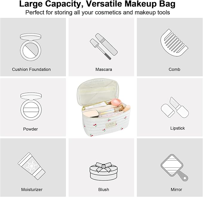 3Pcs Cotton Quilted Makeup Bag for Women Girls, Large Floral Cosmetic Bag Set Cute Makeup Brushes Aesthetic Accessories Storage Bag Cherry Travel Toiletry Bag Organizer