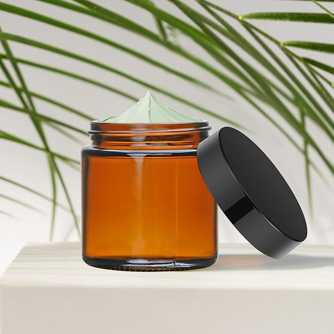 4oz Glass Amber Cosmetic Jars with Black Lids,12 Pack Empty Small Glass Jars with Inner Liners, Round Sample Container for Cream,Lotion,Ointments