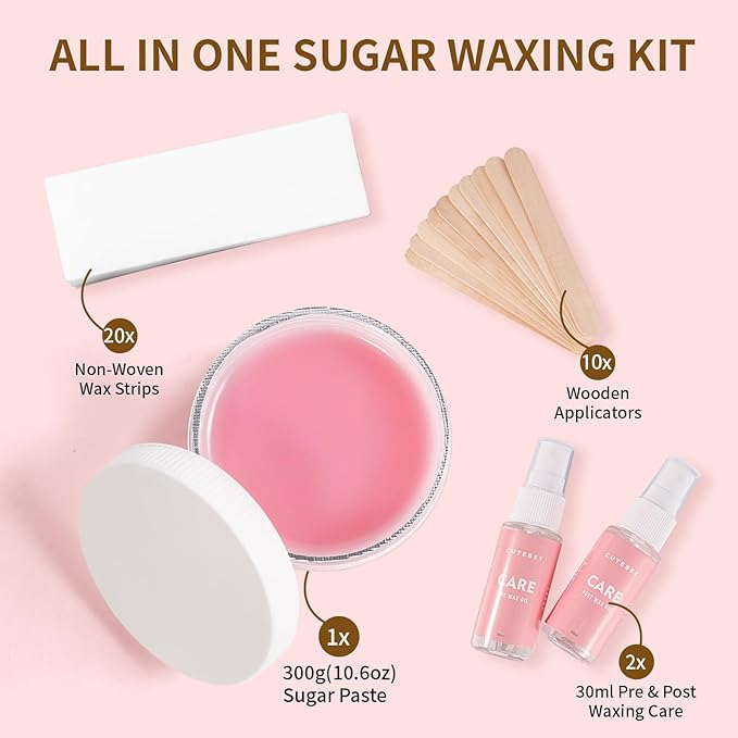 Sugar Wax Kit for Sensitive Skin: 300g/10.6oz Sugaring Paste for Bikini Brazilian Hair Removal - Includes Wax Strips & Sticks, Pre & Post Care Oils (Rose)