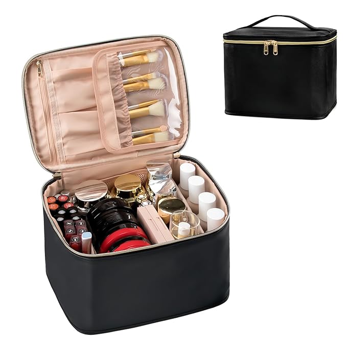 OCHEAL Large Makeup Bag for Women - Travel Cosmetic Organizer with Brush Holder & Dividers, Waterproof Leather Makeup Case, Portable Toiletry Bag for Makeup Brushes, Skincare, Accessories (Black)