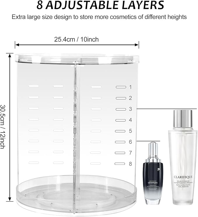 AMEITECH Rotating Makeup Organizer, 360 Spinning Skincare Organizers, 8 Adjustable Layer Cosmetic Storage Case with Brush Holder Perfume Tray for Vanity Bathroom Countertop - Large