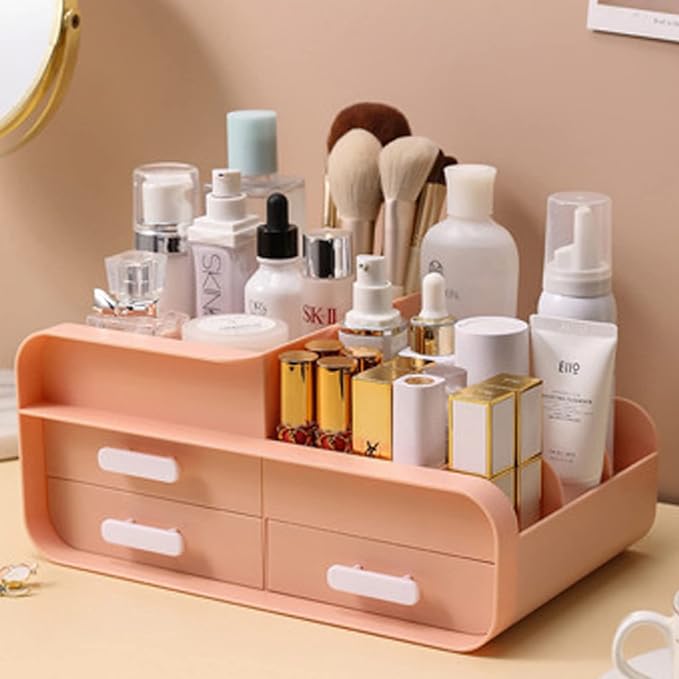 skin care organizer,Makeup Desk Organizer With Drawers,Countertop Organizer for Cosmetics,Vanity brush with Holder for Lipstick, Brushes, Eyeshadow, and Desktop (Light pink)