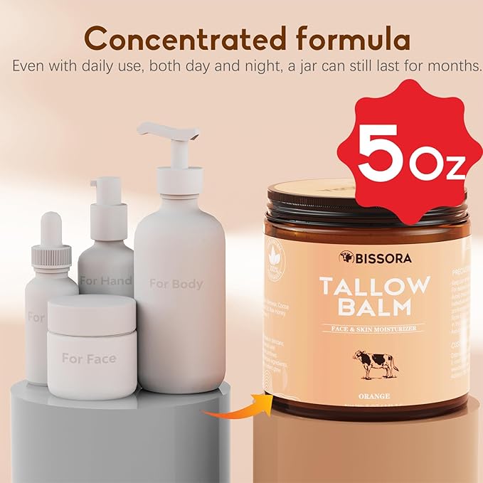 Beef Tallow for Skin, Organic Grass-Fed Beef Tallow Balm with Raw Honey & Jojoba Oil - Whipped Moisturizer for Face & Body - All-Natural Skin Care for Soft, Hydrated Skin (5 OZ, Orange)