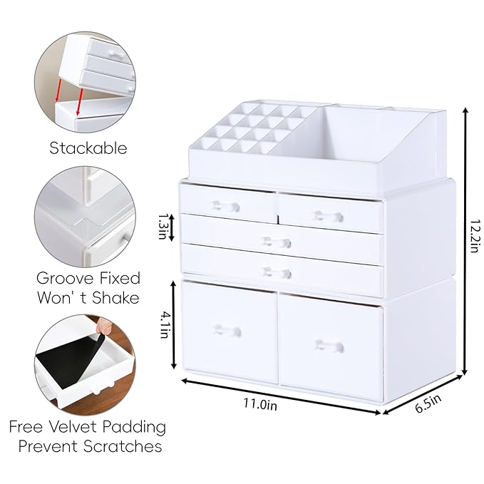 Cq acrylic White Beauty Organizer for Vanity With Stackable 6 Drawers for Cosmetics,Skincare,Lipsticks,Eyeshadow Palette,Nail Care,Makeup Storage for Dresser and Bathroom Countertop,3 Pack Large