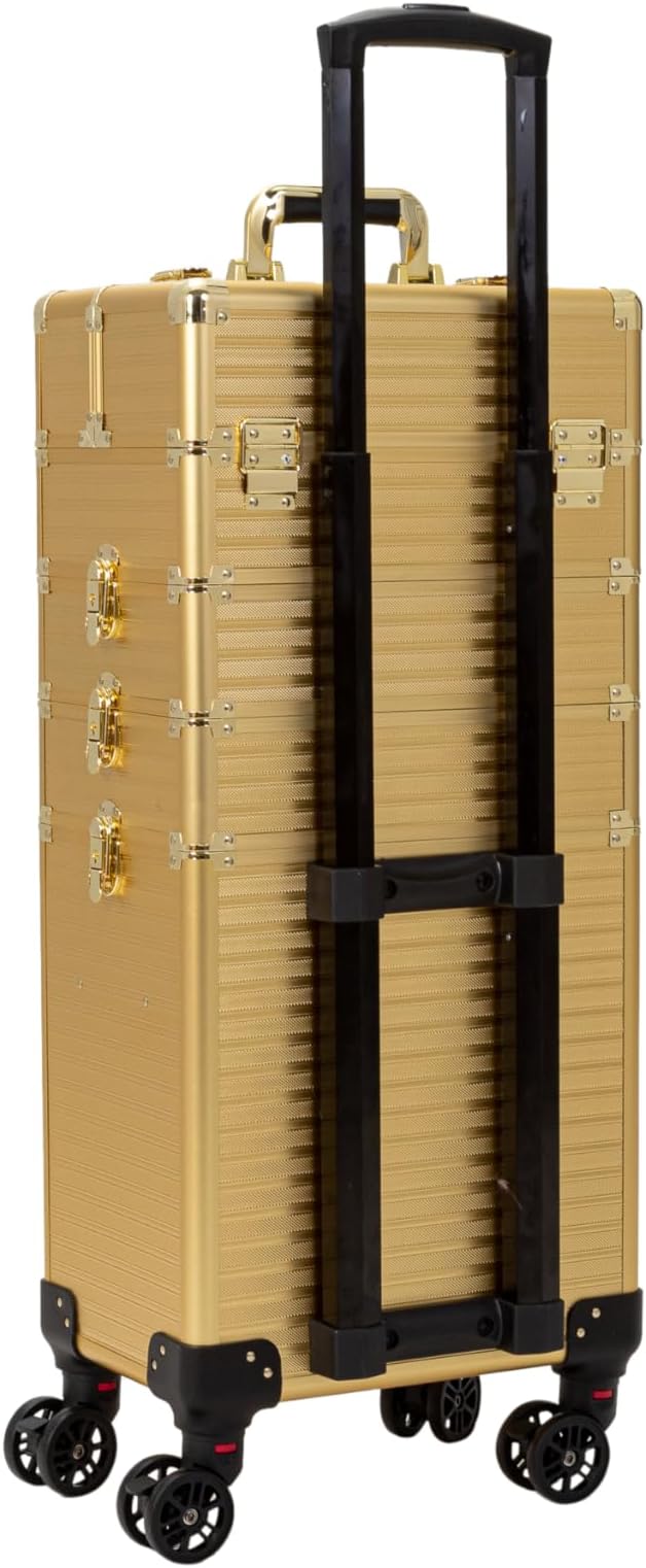4 in 1 Portable Traveling Aluminum Professional Makeup Trolley Cart with Multiple-Sized Compartments and Wheels (Light gold)