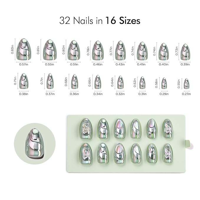 VSALON Short Almond Press-On Nails - Silver Cat Eye Chrome 3D Design, Reusable Fake Nails with Nail Glue, Protector Cuticle Oil, Adhesive Tabs & Mini Nail File - 32 PCS in 16 Sizes (Seagull Dance)