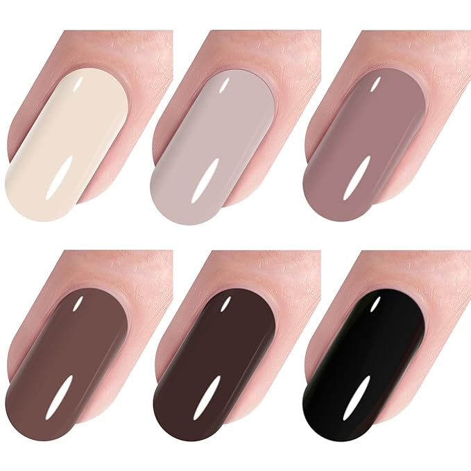 Vishine Gel Nail Polish Starter Kit with 48W UV LED Nail Lamp Speed Dryer Manicure Tools Set of 6 Brown Nude Series Colors Nail Art Colors Gel Polish Base Top Coat & Mat Top Coat #002