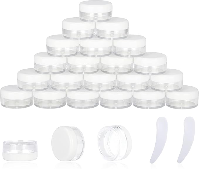 25PCS 3 Gram Sample Containers, 3ml Empty Jars with Lids, Small Cosmetic Containers, Mini Sample Jars with 2PCS Mini Spatulas for Make Up, Oils, Lotion, Powder, Paint, Jewelry, Lip Balms(White Lid)