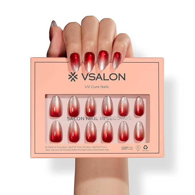 VSALON Press On Nails - Short Almond Red Cat Eye Ombre Fake Nails with Extra UV Cure Glue, 28-Days Salon-Strong No Pop-Off, Reusable Fake Nails for Party & Daily Wear - 32 PCS in 16 Sizes (Cocktail)
