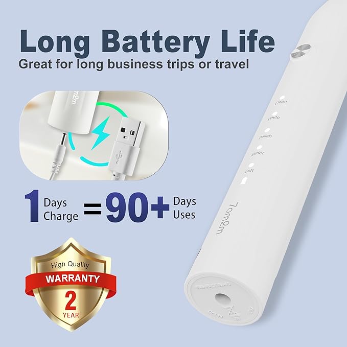 7AM2M Sonic Electric Toothbrush for Adults and Kids, with 8 Brush Heads and Travel Case,5 Modes with 2 Minutes Build in Smart Timer, One Charge Use for 90 Days, Rechargeable Toothbrushes(White)